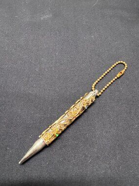Vintage Ornate Gold-Tone Ballpoint Pen With Jeweled Design & Chain Loop Refillab